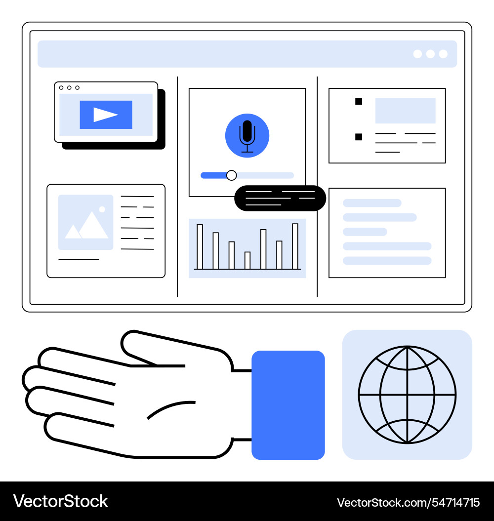 Data management interface with multimedia graphs vector image