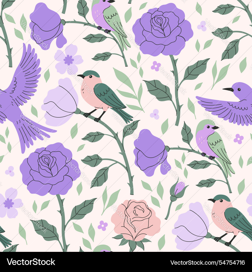 Birds and purple roses seamless pattern Royalty Free Vector