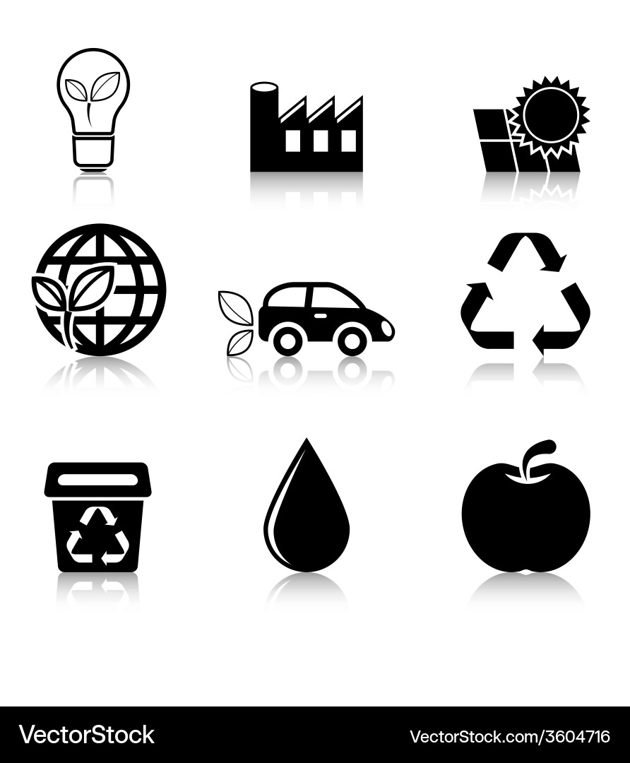 Ecology icons set with reflection vector image
