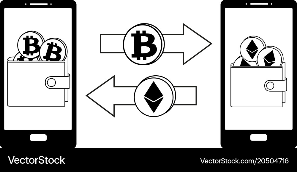 Exchange between bitcoin and ethereum in the phone Vector Image