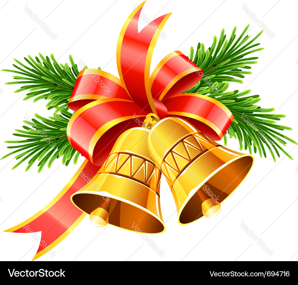Gold Christmas Bells with Red Ribbon Vector Image