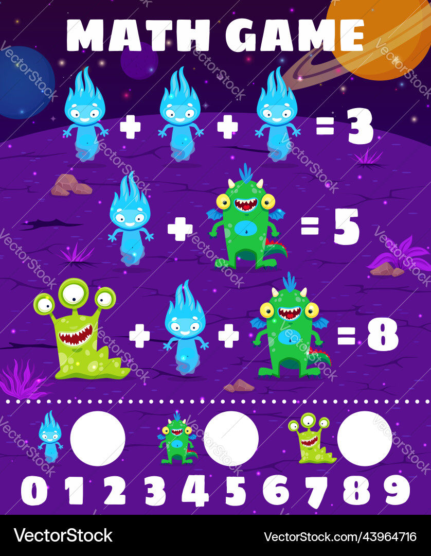 Math game worksheet with alien monster characters Math game worksheet with alien monster characters vector image