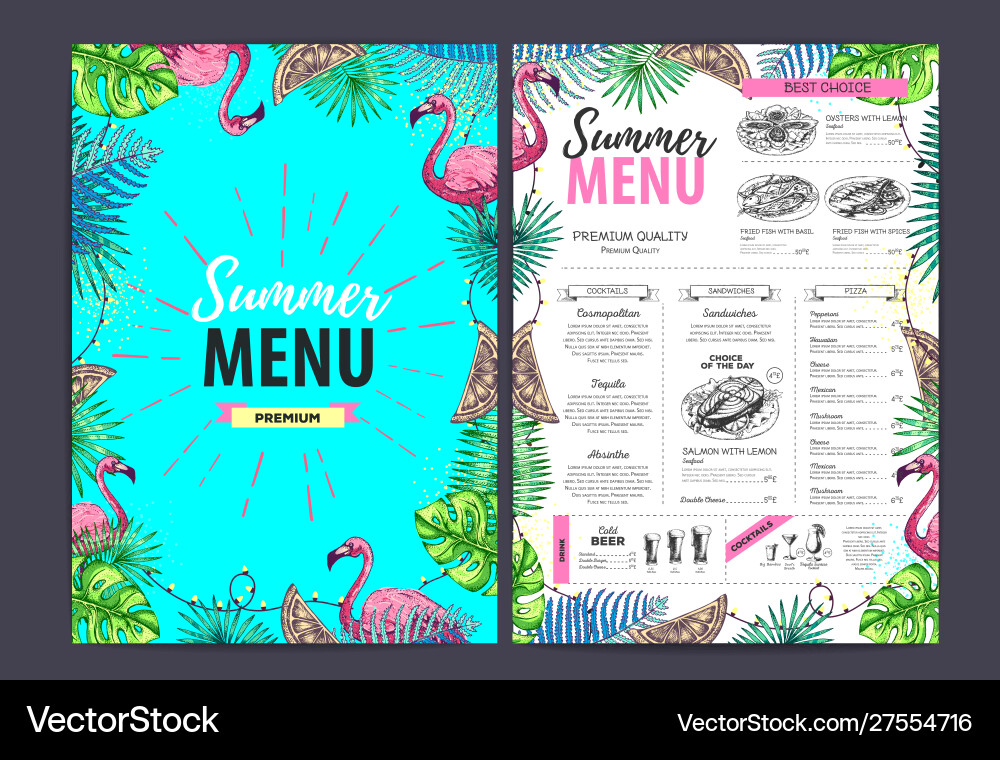 Restaurant summer menu design with tropic leaves vector image