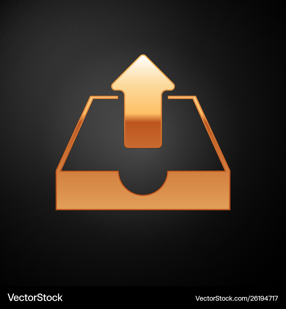 Gold upload inbox icon isolated on black Gold upload inbox icon isolated on black vector image