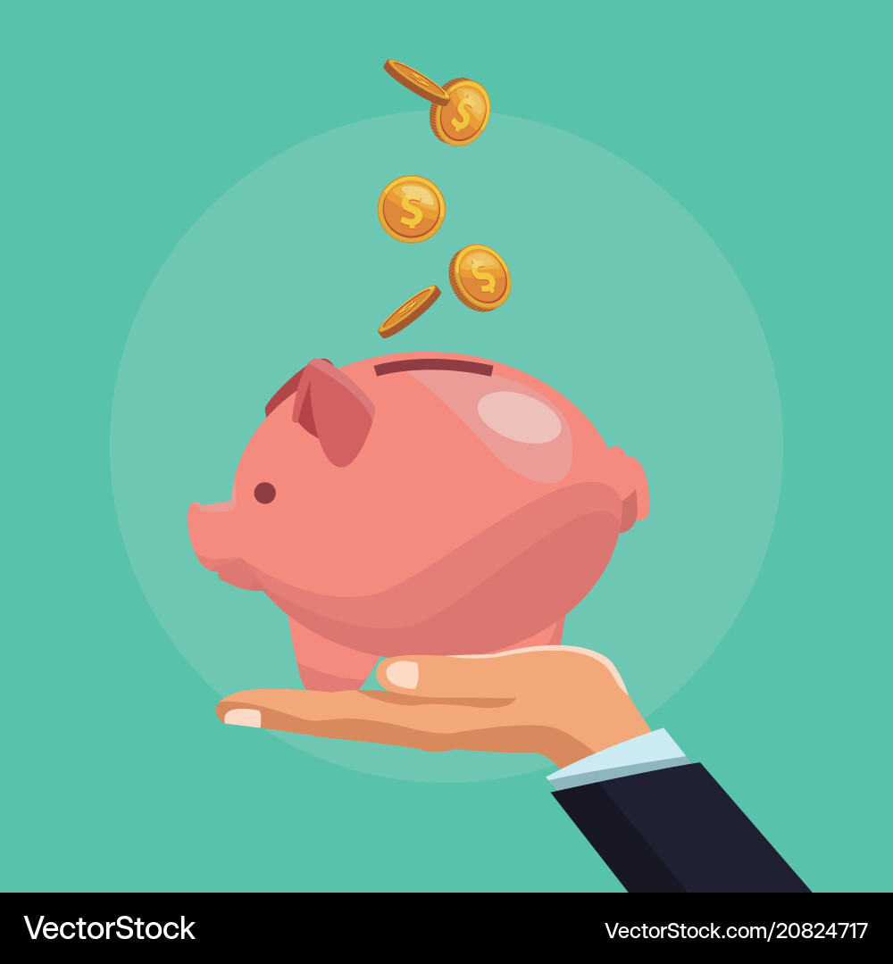 Hand inserting coin into piggy vector image