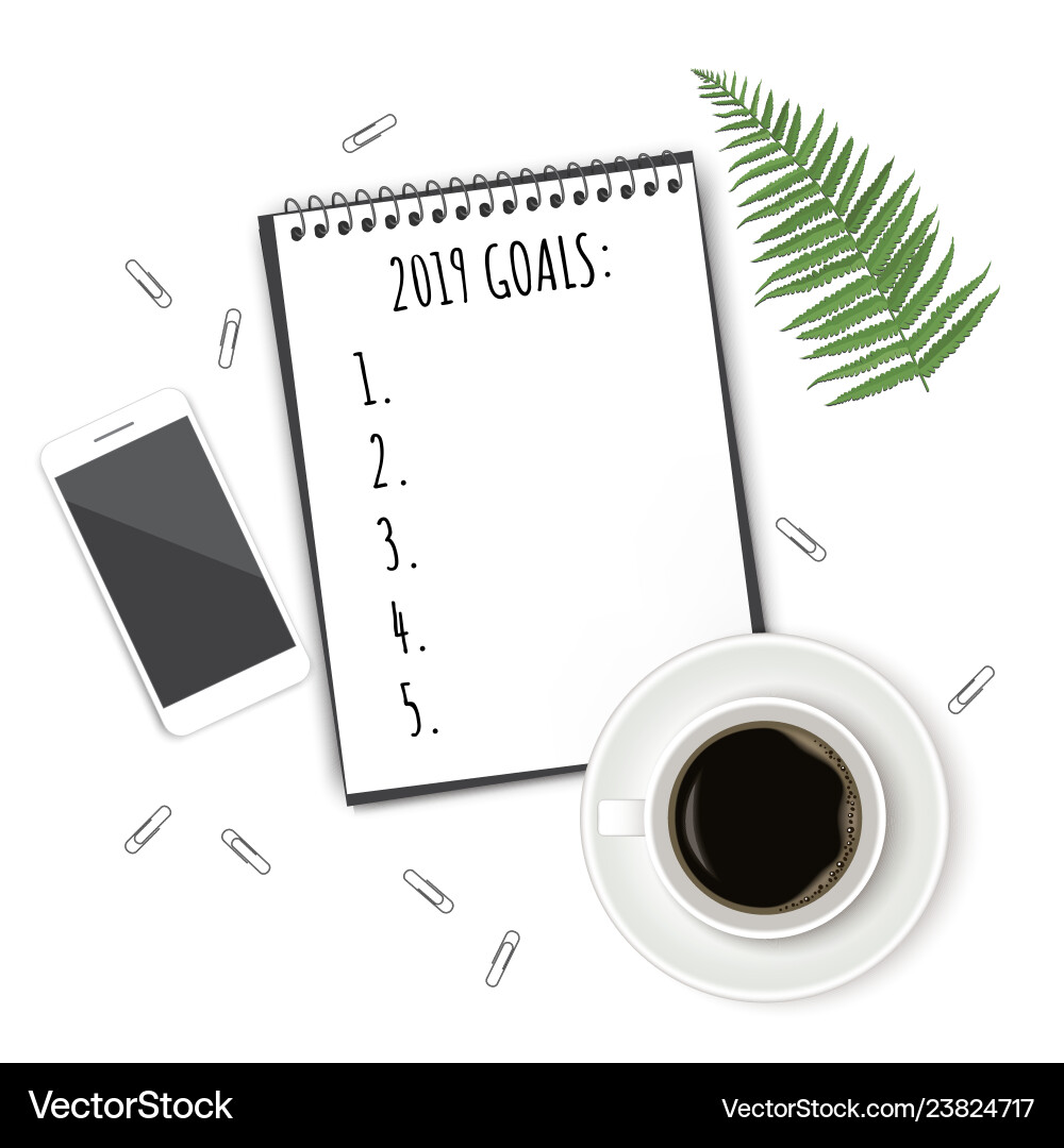 Notebook with wish list on white rustic table Notebook with wish list on white rustic table Vector Image