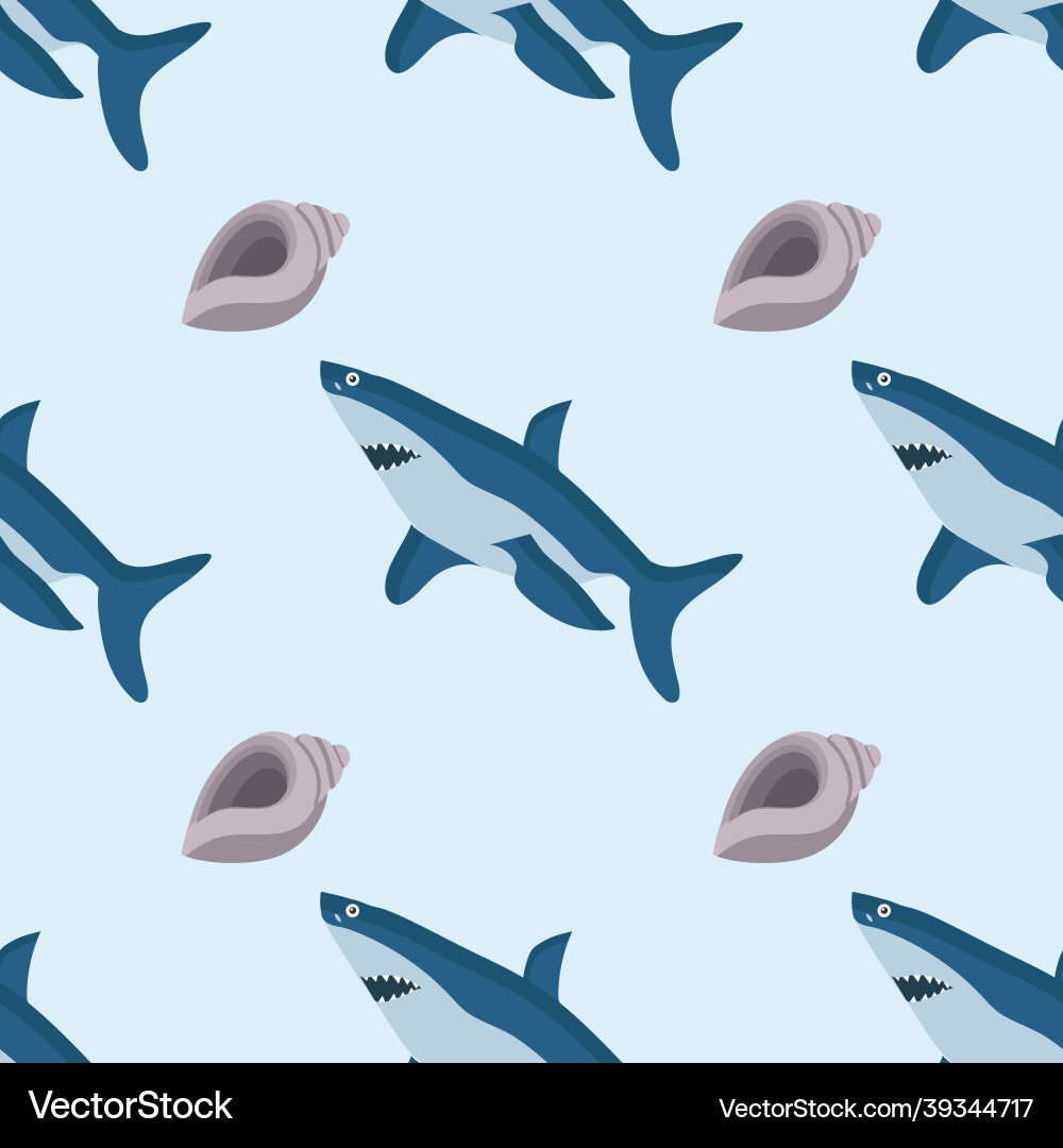 Shark and shell pattern on a blue background Shark and shell pattern on a blue background vector image