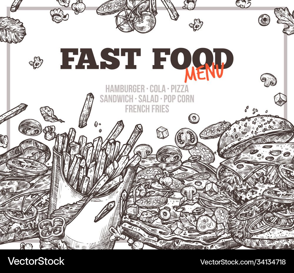 Fast food background with square frame Fast food background with square frame Vector Image