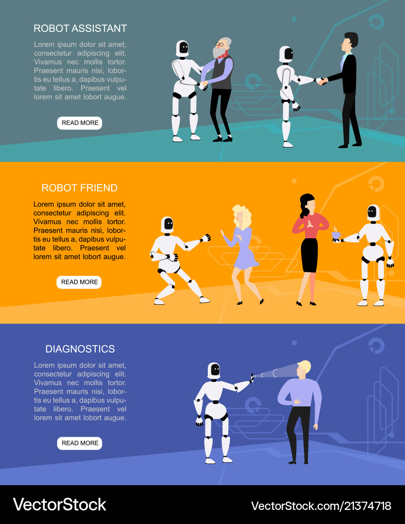Flat fuman robots interaction symbols banner set Flat fuman robots interaction symbols banner set Vector Image