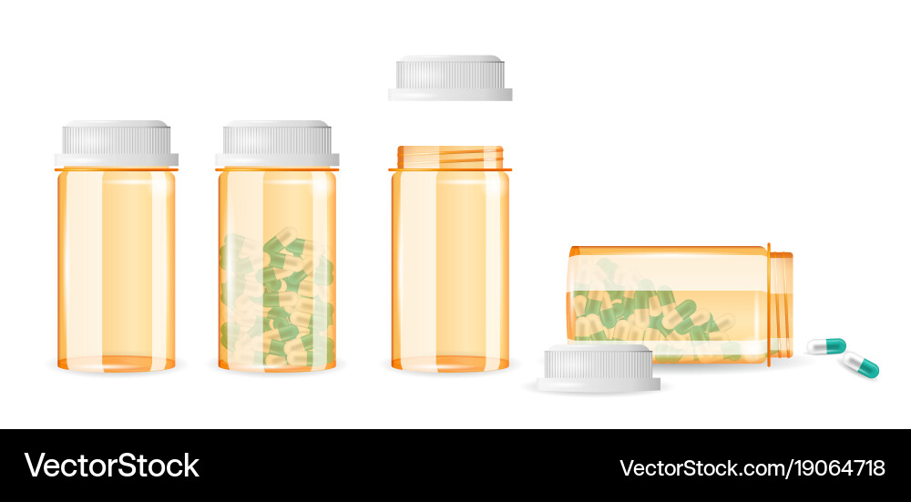 Set of closed and open pill bottles isolated Vector Image