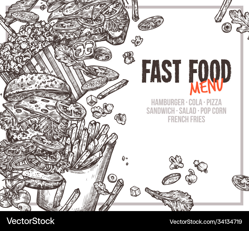Fast food background with square frame Fast food background with square frame Vector Image