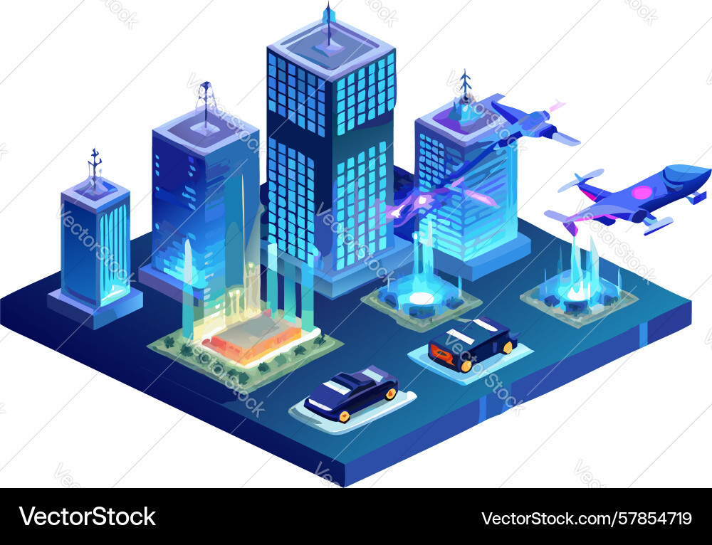 Isometric smart city with digital data flow Vector Image