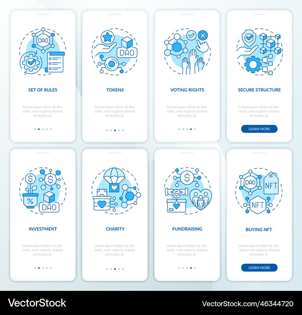 Dao elements and usage purpose blue onboarding Dao elements and usage purpose blue onboarding Vector Image