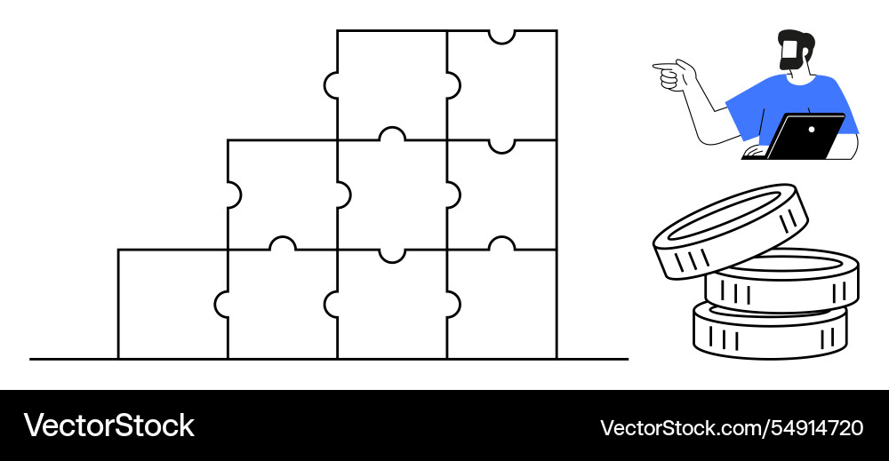 Man with laptop pointing towards stack of puzzle Vector Image