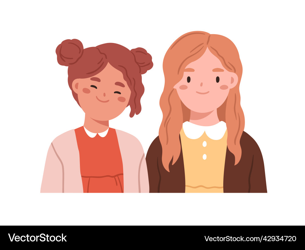 Two happy girls friends face portrait cute Two happy girls friends face portrait cute vector image