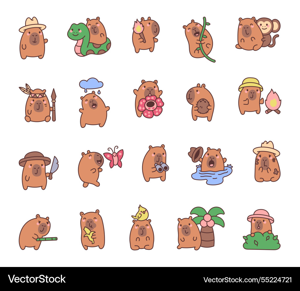 Adorable set of capybara characters exploring vector image