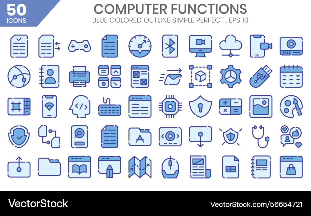 Computer functions blue color outline icon set Computer functions blue color outline icon set vector image