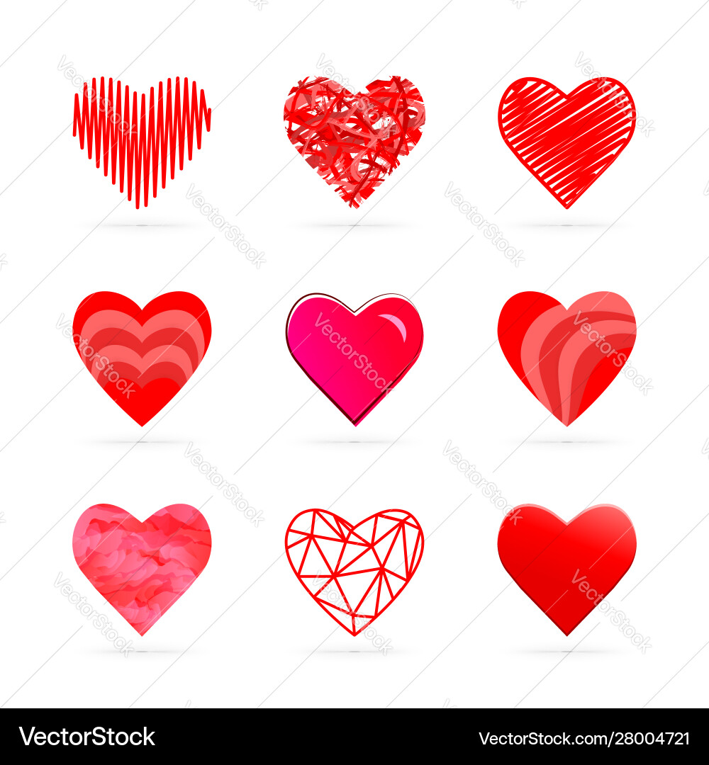 Heart icon set in red color and various style vector image