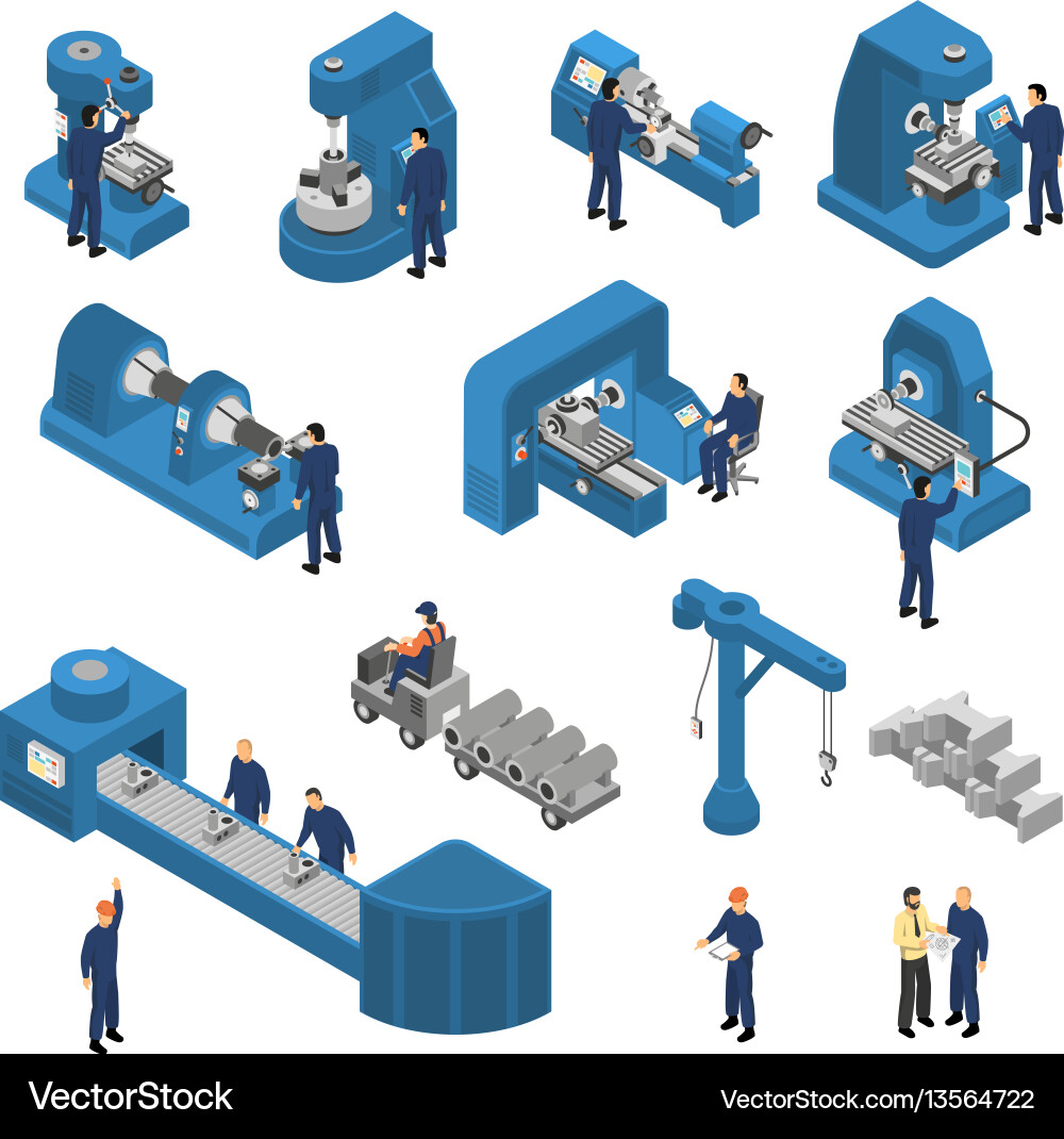 Machine tools with workers isometric set Machine tools with workers isometric set vector image
