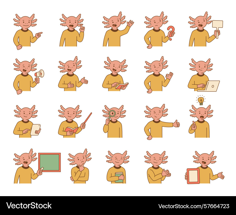 Axolotl guide character set showing different Vector Image