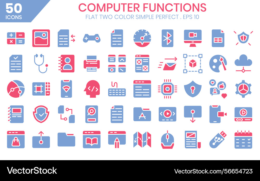 Computer functions flat two color icon setthe Computer functions flat two color icon setthe vector image