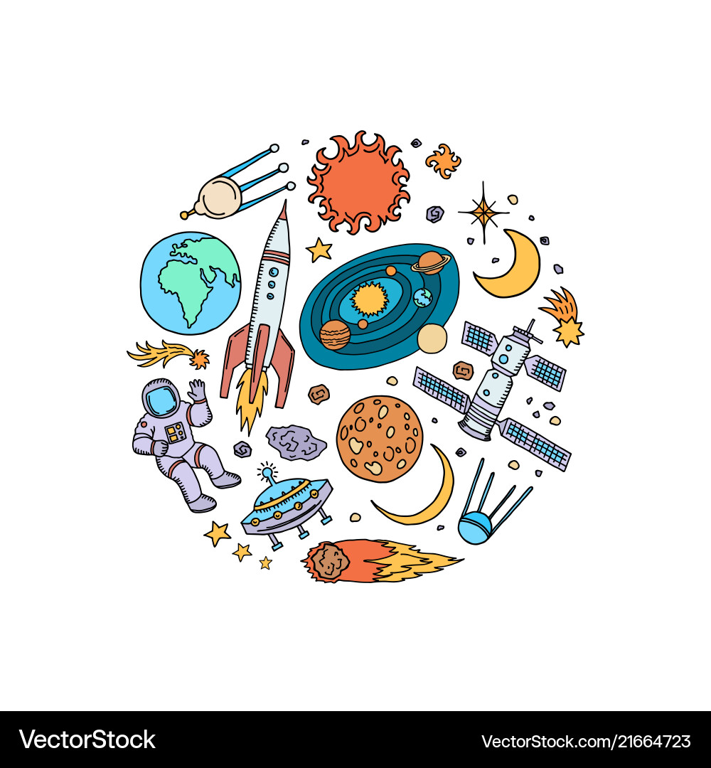 Hand drawn space elements in circle shape Hand drawn space elements in circle shape vector image