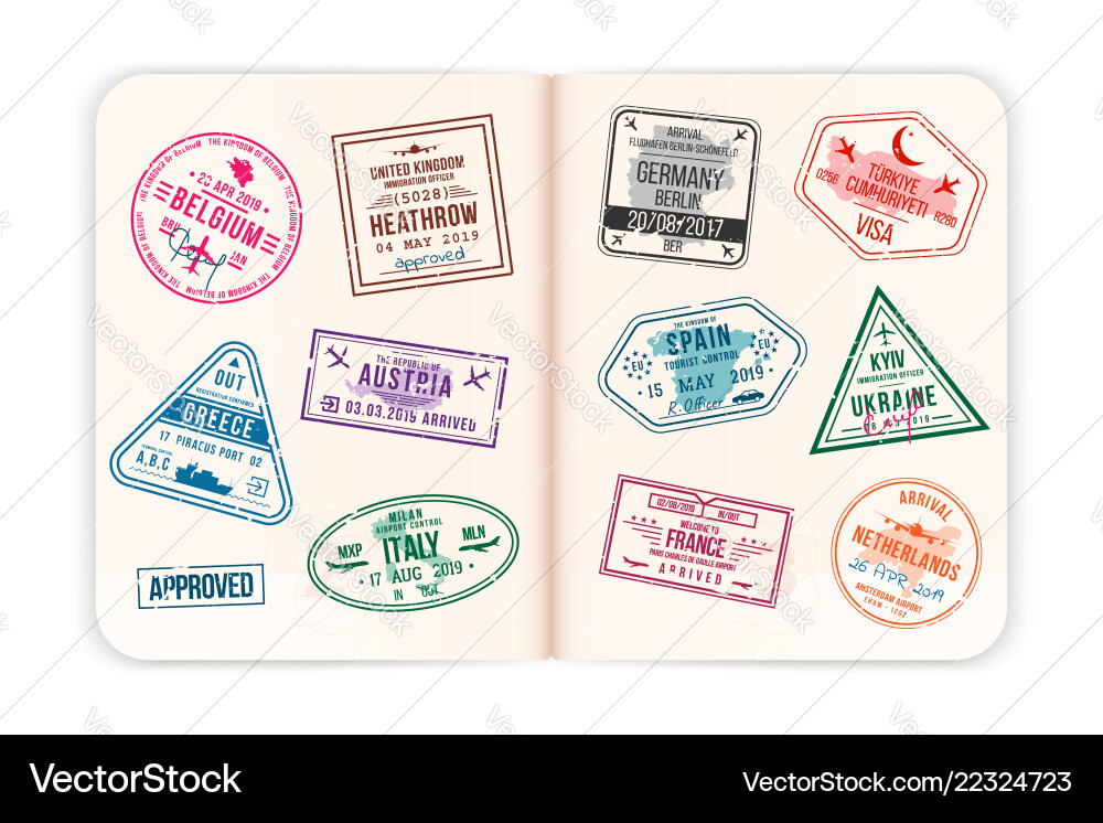 Realistic Passport Pages with Visa Stamps Vector Image
