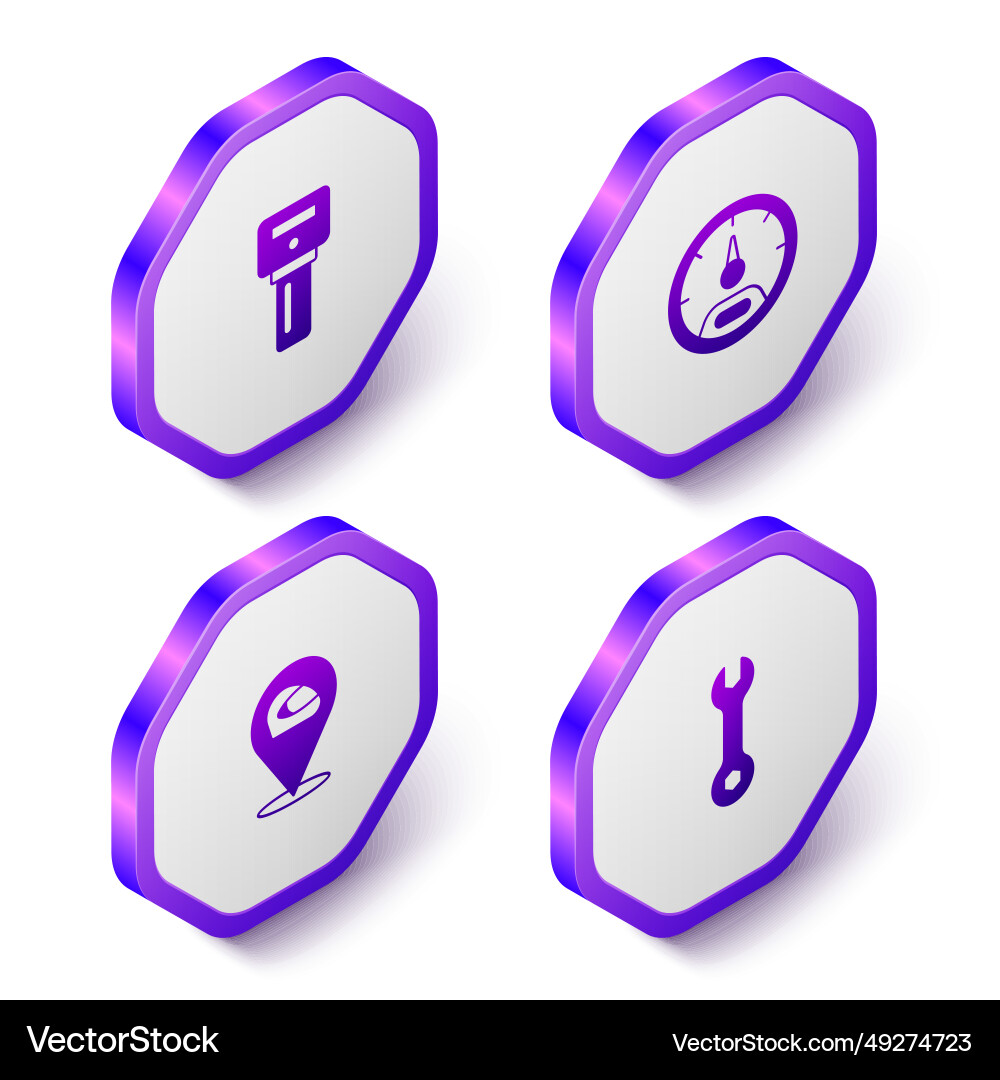 Set isometric car key with remote speedometer Set isometric car key with remote speedometer Vector Image