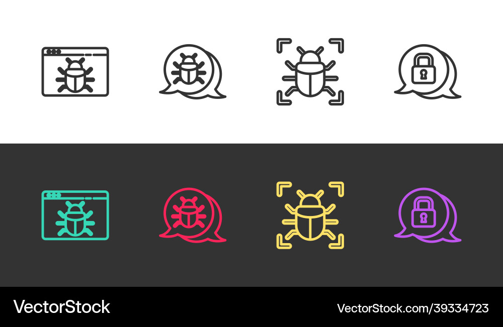 Set line system bug and cyber security on black Set line system bug and cyber security on black vector image