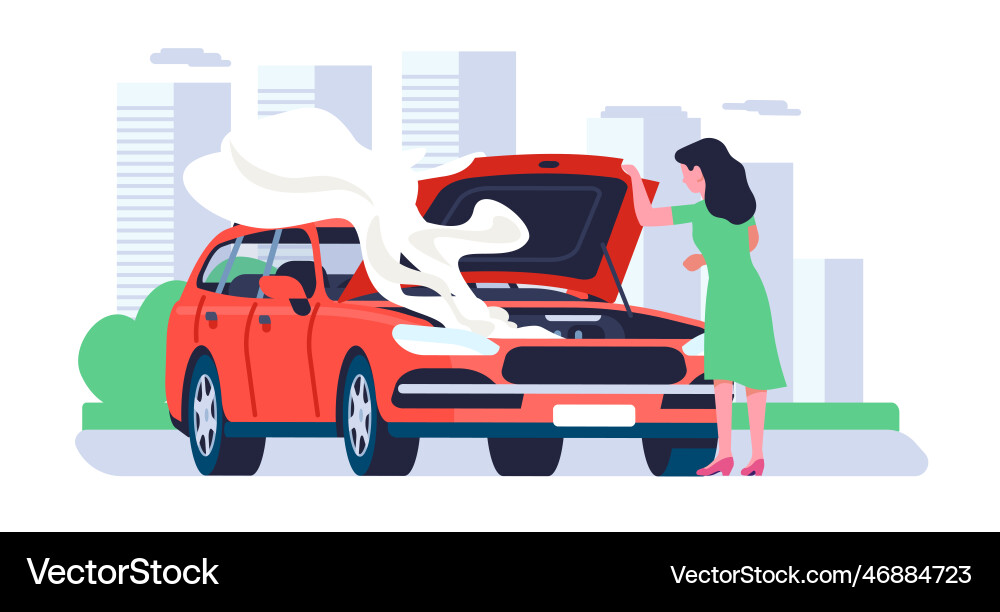 Woman Stranded with Vehicle Breakdown Vector Image