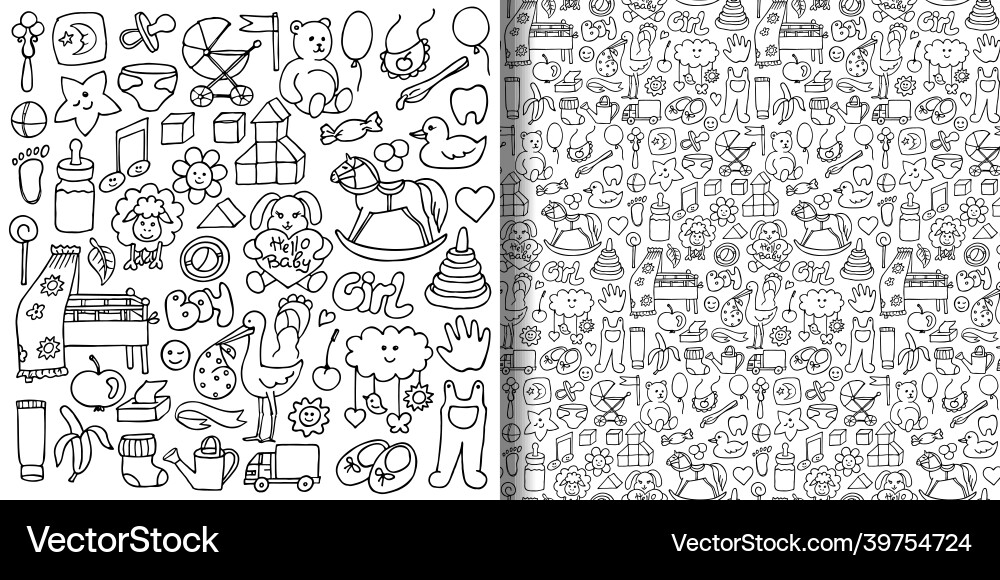 Baby hand drawn objects set and seamless pattern Baby hand drawn objects set and seamless pattern vector image