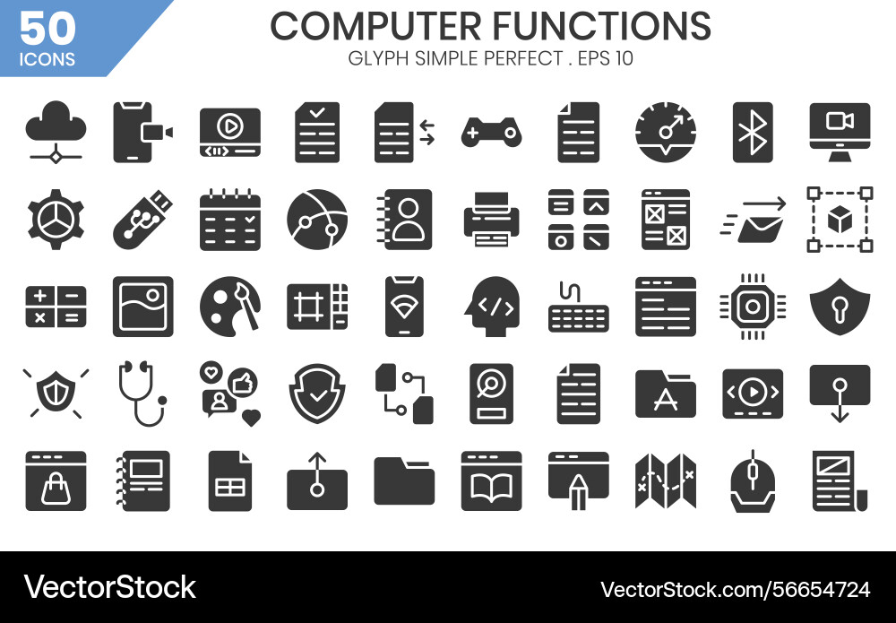 Computer functions glyph icon setthe collection Computer functions glyph icon setthe collection vector image