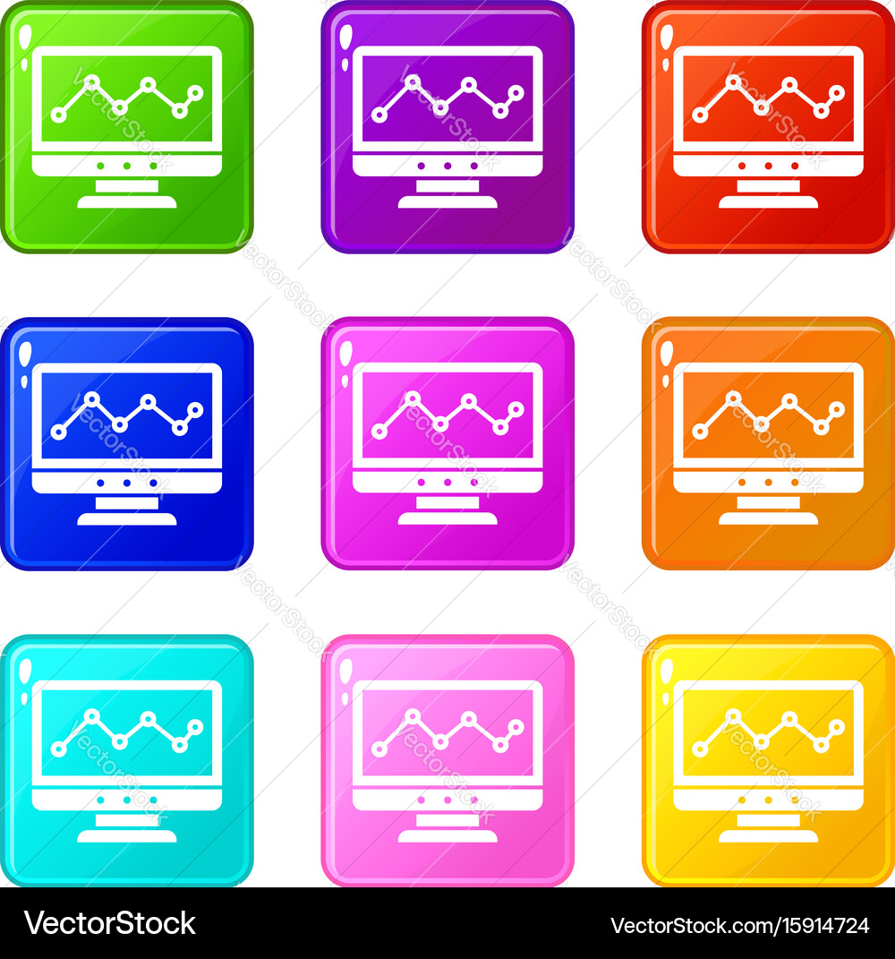 Graph in computer screen icons 9 set vector image