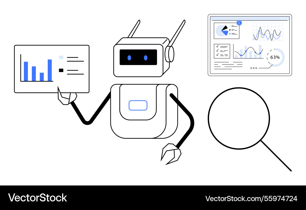 Roboteranalyse von Daten mit Diagrammen und Vergrößerung Roboteranalyse von Daten mit Diagrammen und Vergrößerung vektorbild
