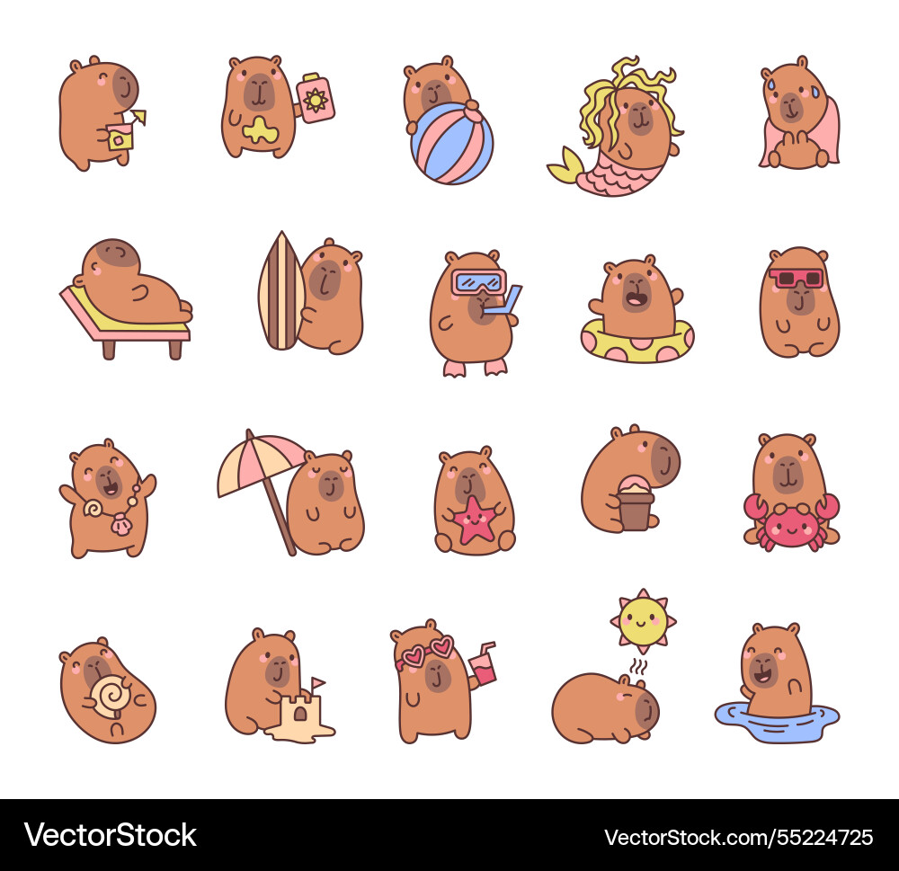 Cheerful capybara cartoon character set enjoying Vector Image