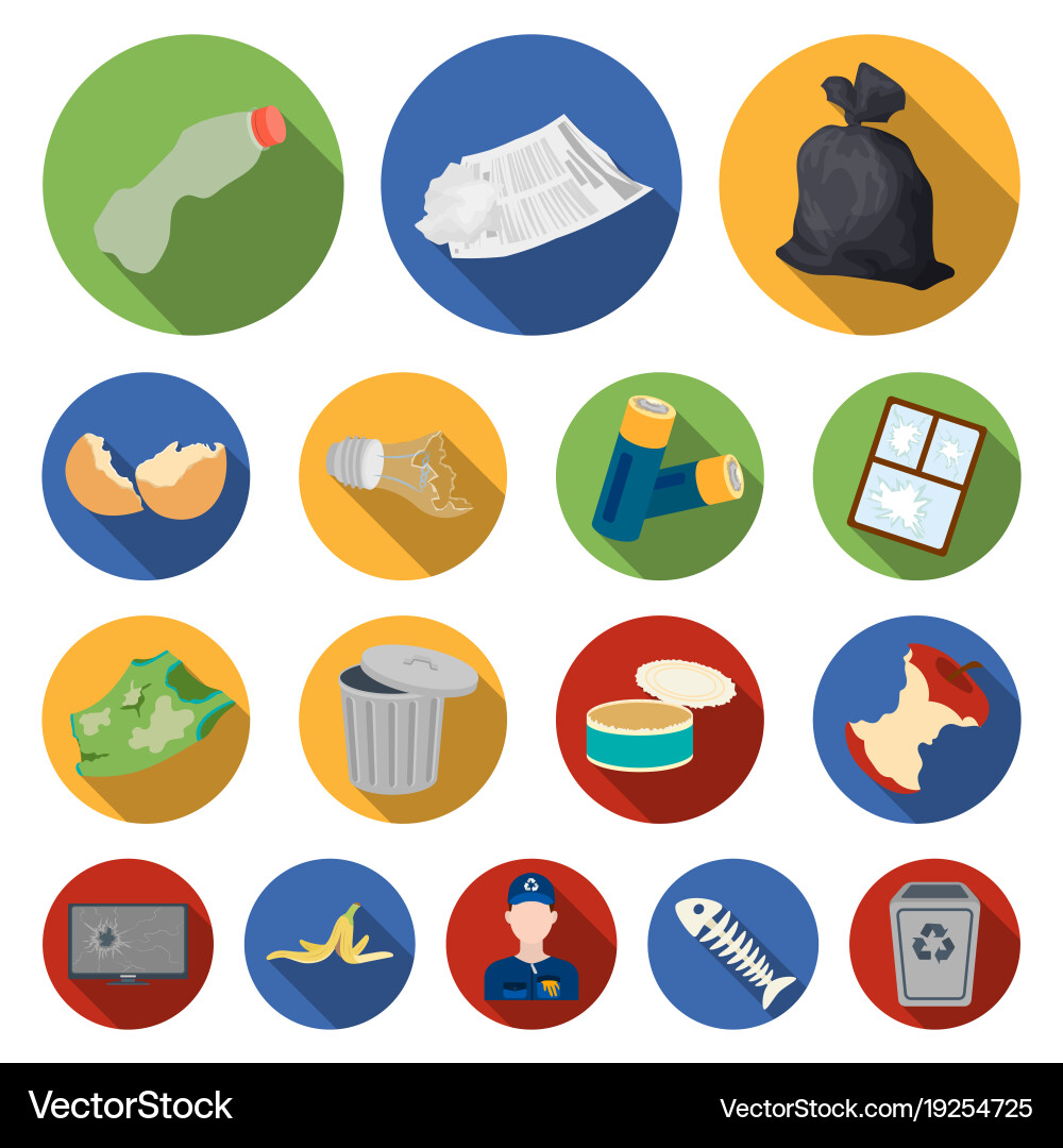 Garbage and waste flat icons in set collection vector image