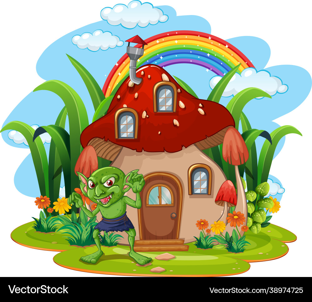 Goblin cartoon character with mushroom house vector image