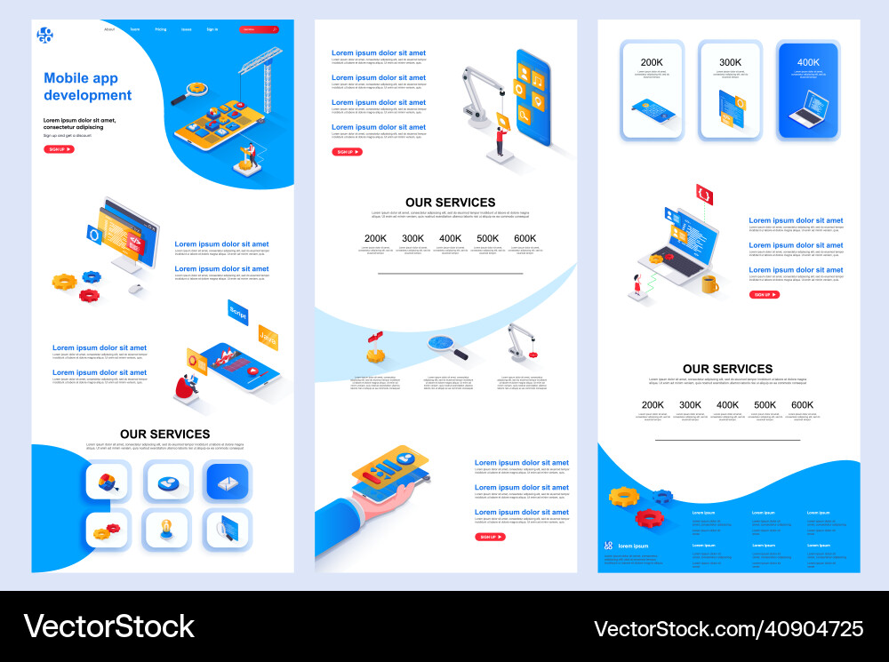 Mobile app development isometric landing page Mobile app development isometric landing page vector image