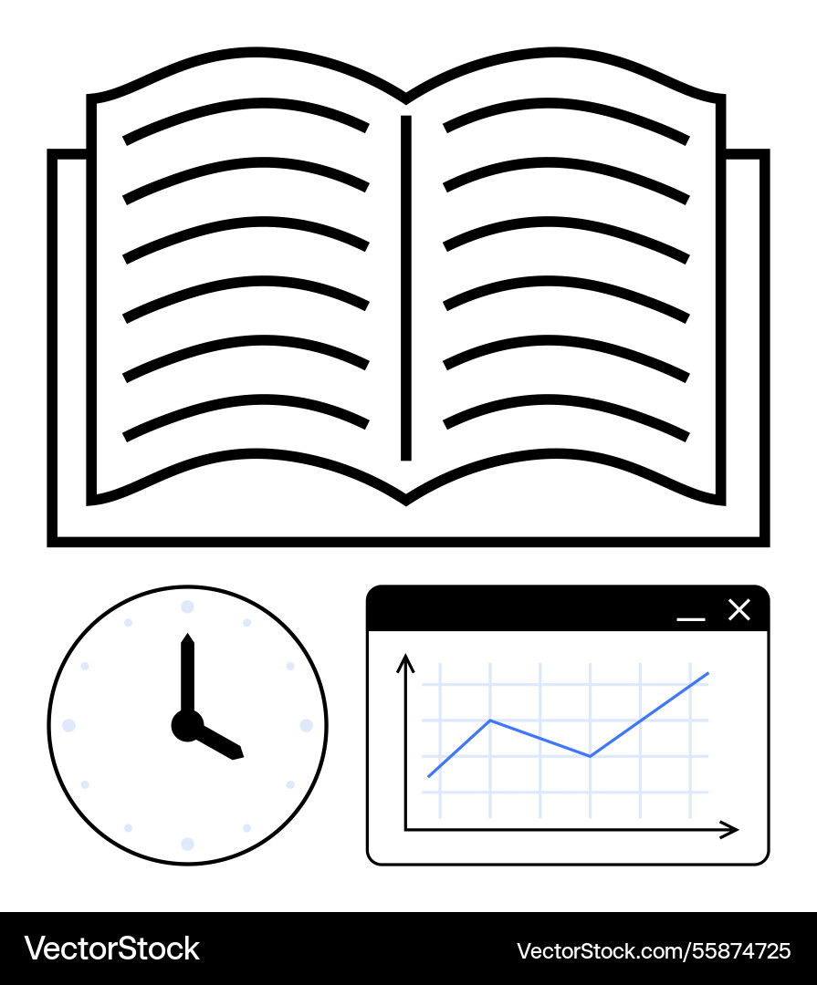 Open book with clock and growing chart Open book with clock and growing chart vector image