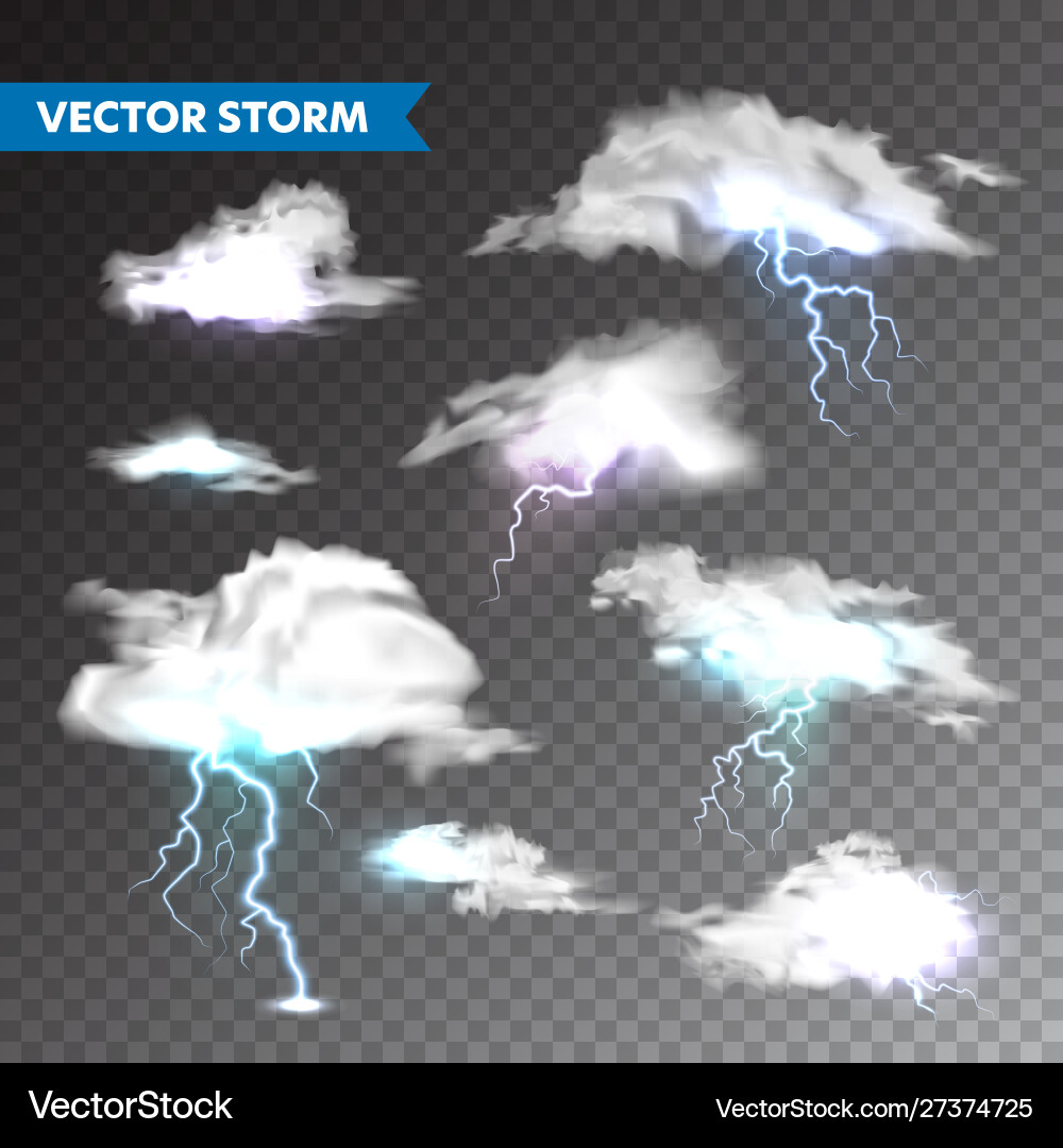 Realistic clouds with lightning set on transparent vector image
