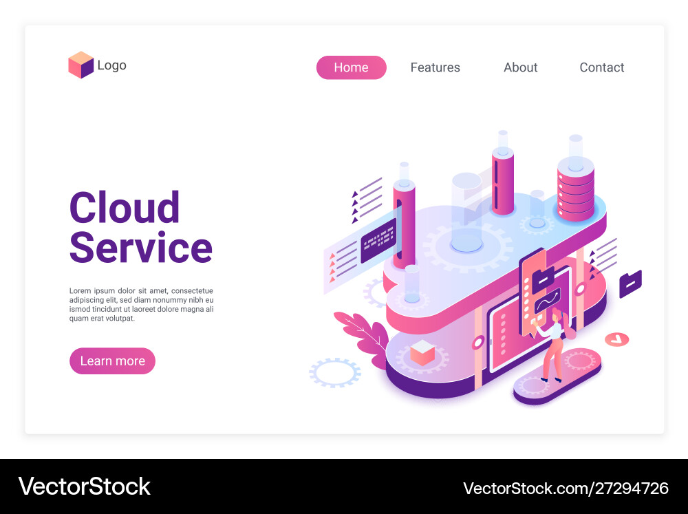 Cloud service database landing page isometric Cloud service database landing page isometric Vector Image