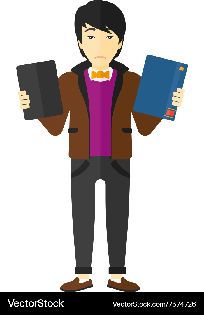 Man choosing between book and tablet computer vector image
