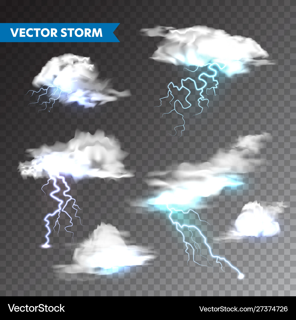 Realistic clouds with lightning set on transparent Realistic clouds with lightning set on transparent vector image