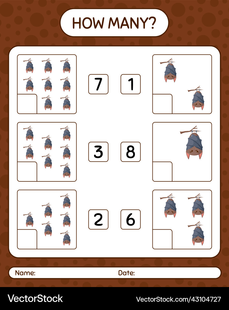 How many counting game with bat worksheet How many counting game with bat worksheet vector image
