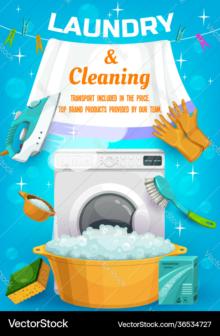 Laundry and cleaning service ad with tools Laundry and cleaning service ad with tools vector image