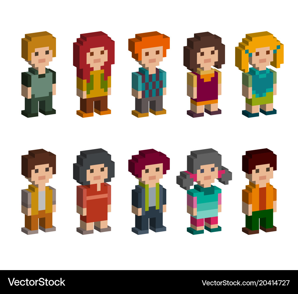 Pixel 8-Bit Isometric Characters vector image