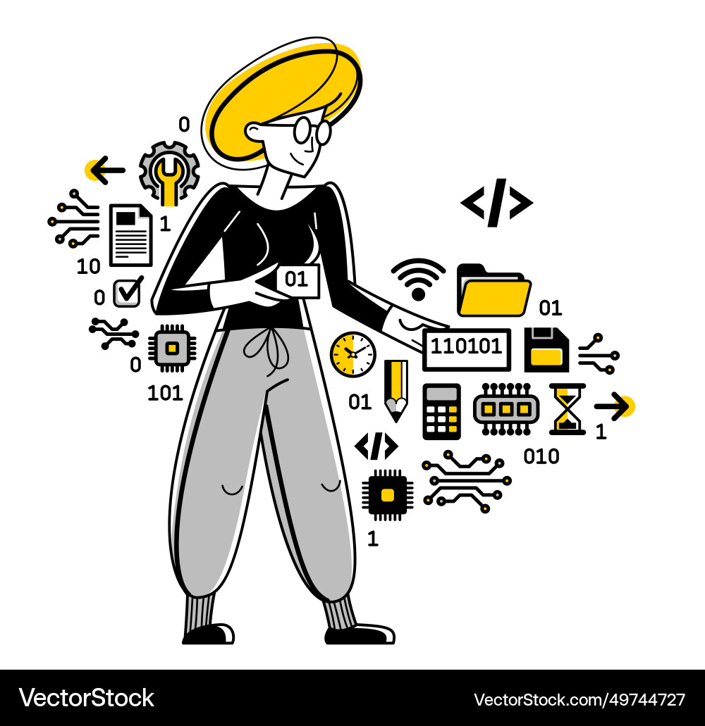 Programmer is coding and repairing some machine Programmer is coding and repairing some machine vector image