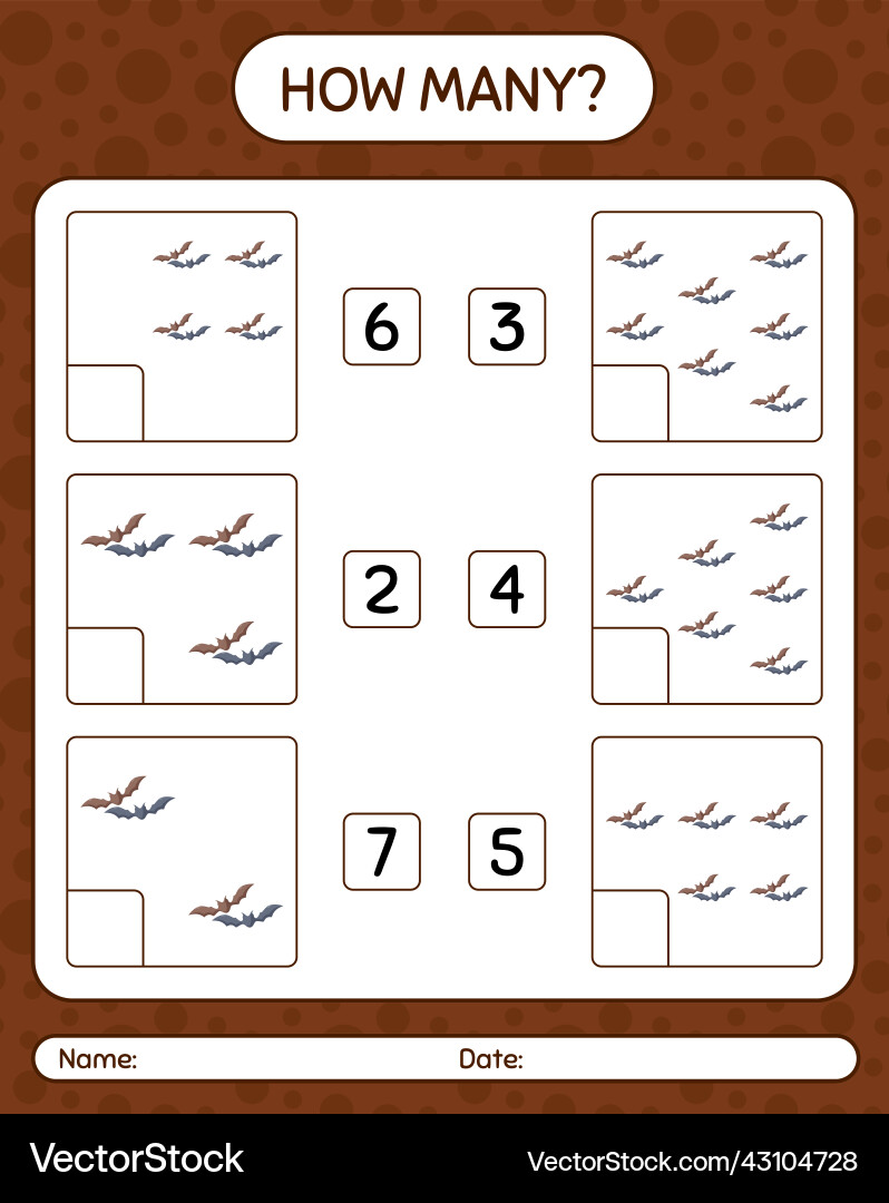 How many counting game with bat worksheet Vector Image