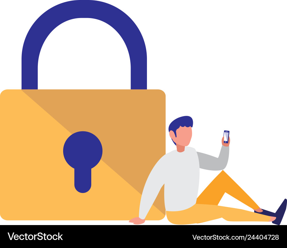 Man with safe secure padlock Man with safe secure padlock Vector Image