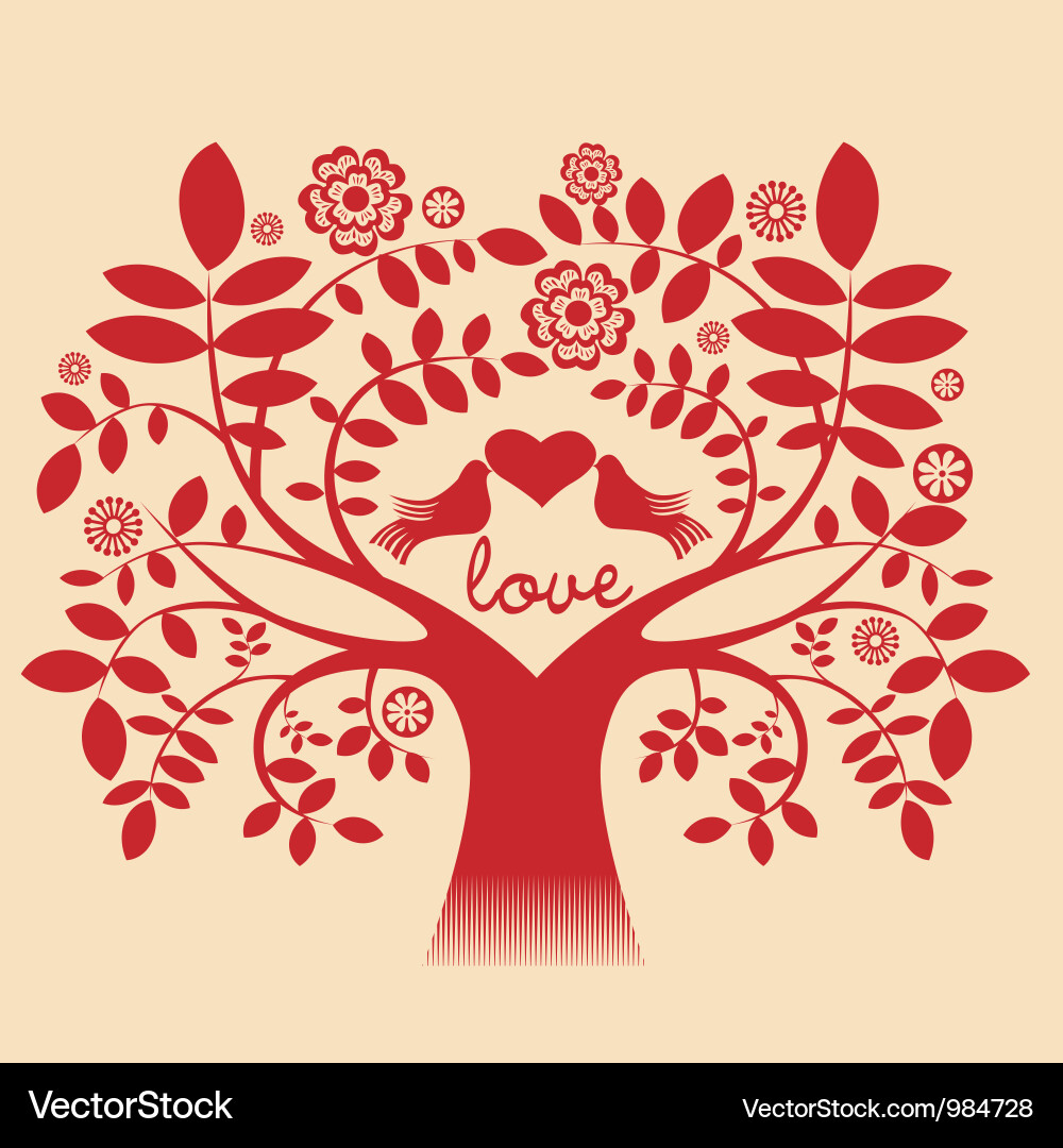 Red Heart Tree with Doves Vector Image